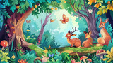 Fototapeta Dziecięca - cute deer's and birds in the forest beautiful landscape for children book illustration or cover book with beautiful scenery