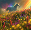 Magic unicorn in blossoming meadow, fairytale atmosphere