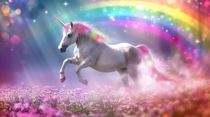 Sticker - Magic unicorn in blossoming meadow, fairytale atmosphere