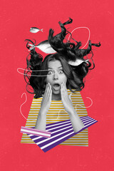 Canvas Print - Vertical creative collage poster young scared shocked woman face speechless reaction omg fear river fish absurd concept wavy hair