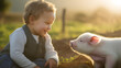 New age A joyful baby interacts with a friendly pig on a smart farm, showcasing sustainable tech and green energ