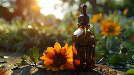 Wall Mural - Cosmetic dropper bottle mockup A glass bottle with aromatic oil or serum with flowers near. Skin care essential oil bottle with dropper product mockup