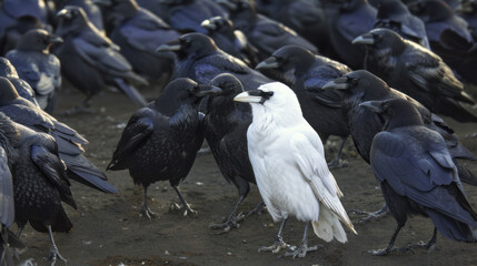 Canvas Print - White crow in flock of black ones - concept of individuality, being different