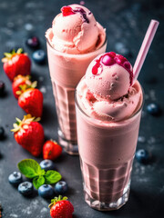 Wall Mural - strawberry ice cream in a glass berry mood summer dessert.