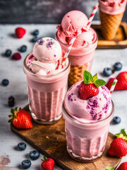 Sticker - Strawberry ice cream. Scoops strawberry ice cream in glass and strawberry photography. landing pages and web pages with summer motifs.