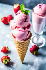 Sticker - Strawberry ice cream. Scoops strawberry ice cream in glass and strawberry photography. landing pages and web pages with summer motifs.