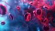 Abstract red and blue blood cells closeup - Vibrant digital illustration of blood cells in red and blue with a focus on a singular cell, depicting scientific medical concepts