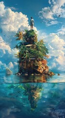 Wall Mural - person standing on a lush island, surrounded by the majesty of nature. with the azure sky above and 