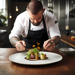 Wall Mural - A chef presenting a beautifully plated dish.