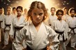 a student Girl in a karate class showcases her inner strength through a steely gaze and determined countenance.