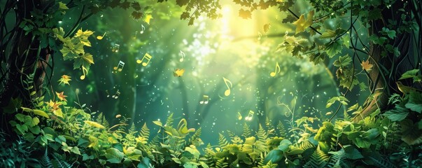 Poster - Nature Symphony. Song of Sunlight in the Forest. Amidst the Verdant Canopy, Summer's Sun Casts its Golden Glow, Painting the Landscape with Vibrant Hues