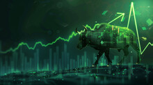 Digital bull in a green stock market growth graph - A digital artwork featuring a bull representing market strength in a green, rising stock market graphic