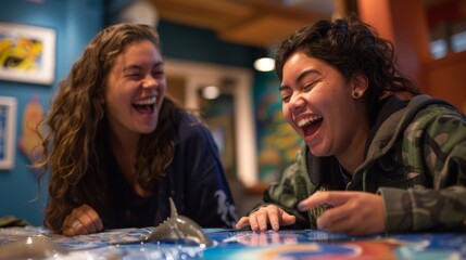 Wall Mural - Two friends laugh as they compete against each other in a quiz game testing their knowledge of different species of fish and other sea creatures.