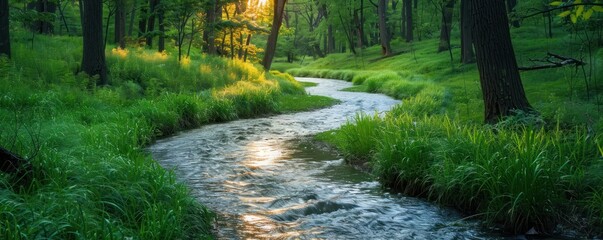 Wall Mural - nature's symphony through the forest. amidst the verdant greenery, a gentle river meanders through t