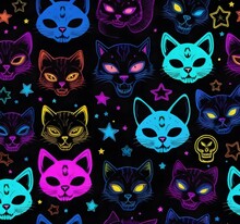 Neon-colored Cute Cat Cartoon Faces And Skulls Head Seamless Various Expressions On A Black Background With Stars And Pentagrams