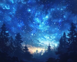 Wall Mural - Dark Woods of the Cosmos. Journey Through the Galactic Night. Amidst the Tall Trees of the Forest, the Milky Way Stretches Across the Night Sky