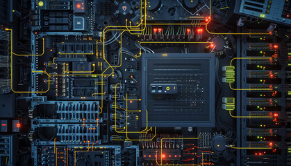 Wall Mural - Closeup on electronic board in hardware. Shallow DOF, focus on the middle left field