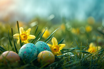 Colorful easter eggs and bunny on green grass. Generative AI