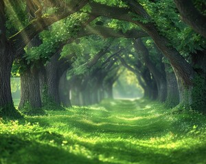 Poster - Journey Through the Enchanted Forest. Amidst the Towering Trees and Lush Foliage, a Path Unfolds, Bathed in the Soft Glow of Sunlight Peeking Through the Mist