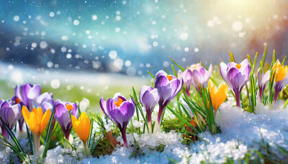 Wall Mural - Crocus flowers in snow. First spring flowers blossom. Easter background.