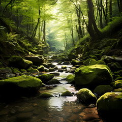 Poster - A tranquil forest stream with moss-covered rocks.