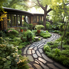 Sticker - A tranquil garden with a winding stone path.