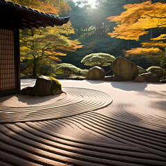 Wall Mural - A tranquil zen garden with raked sand.