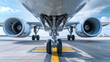© standret - Closeup bottom view of the Commercial passenger airplane landing gears and engines. Parked at the airport.