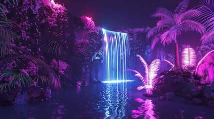 Wall Mural - 3D rendered abstract neon landscape with digital waterfalls and glowing flora