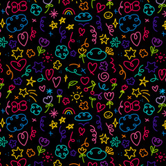 Seamless pattern scribble shapes black background kid drawings neon shapes