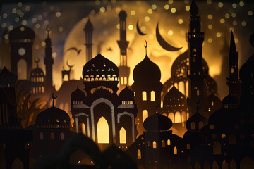 The silhouette of a mosque in the night sky with a crescent moonislamic style. Generative AI