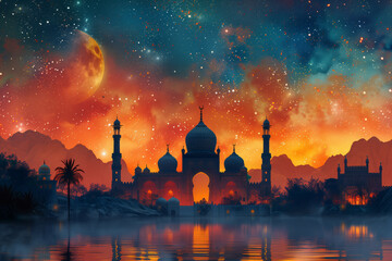 The silhouette of a mosque in the night sky with a crescent moonislamic style. Generative AI