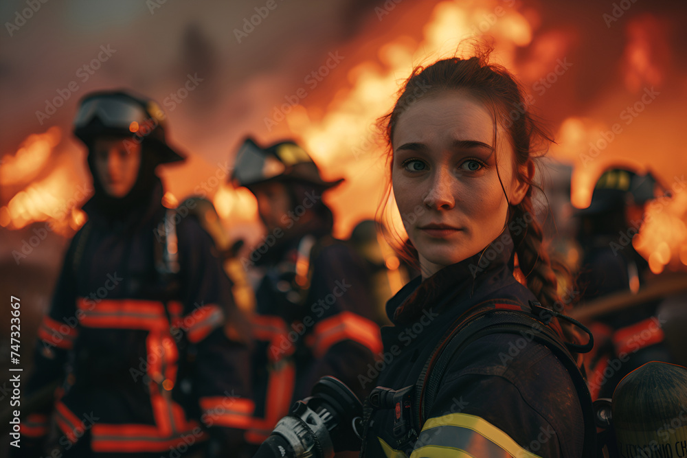 female firefighter stands in front of the group of colleagues, bravery ...