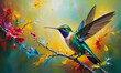 Vibrant Hummingbird Amidst Blossoming Flowers (Oil Painting)