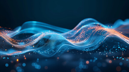 Abstract flying on a dark blue and red background topic of artificial intelligence, neural networks, big data. Copy space