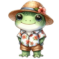 Cute frog wears a beach hat and aloha shirt, watercolor clipart illustration with isolated background