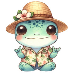 Wall Mural - Cute frog wears a beach hat and aloha shirt, watercolor clipart illustration with isolated background