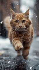 Poster - An orange cat is running in the snow