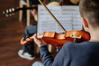 © AnnaStills - Selective focus rear view shot of unrecognizable teen boy playing violin in school orchestra, copy space