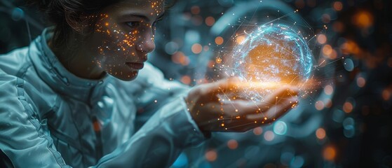 Leinwandbilder - An AI tech, a businessman shows virtual graphics on the Global Internet while chatting with AI, Artificial Intelligence. He uses command prompt to generate something using AI, Futuristic technology