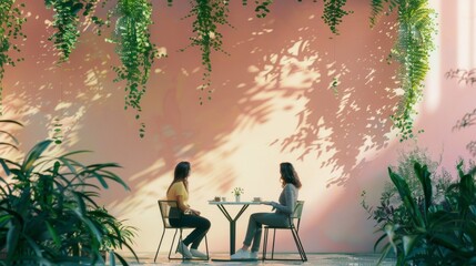 Poster - Two women sitting at a table in front of a pink wall