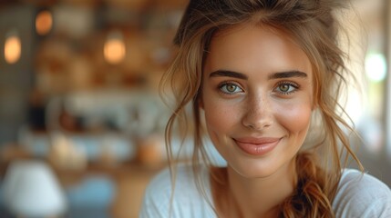 Poster - Young Businesswoman Using Computer in Modern Office with Colleagues. Beautiful Manager Smiling, Working on Financial and Marketing Projects. Drinking from Mug.