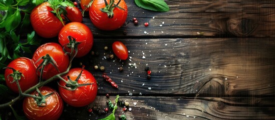 Wall Mural - Several ripe red tomatoes are arranged neatly on a rustic wooden table. The tomatoes are varied in size and shape, showcasing their freshness and vibrant color.