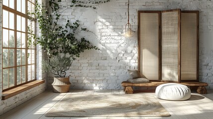 Poster - A wooden coffee table with eucalyptus branches in a vase is surrounded by a folding screen and a pouf on white brick walls