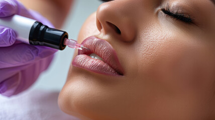 Sticker - Young woman getting collagen induction treatment on her face.