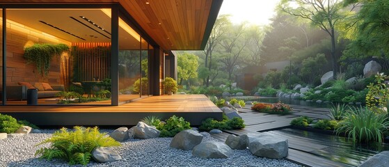 Leinwandbilder - 3D rendering of a modern house with a wooden deck floor at the entrance and patio.