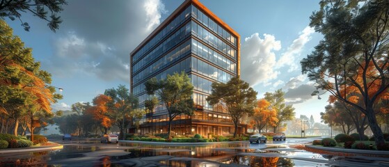 Fototapete - View from above of a high rise building and its dark steel windows with clouds reflected in them. Conceptual rendering of future architecture, looking up at the corner angle of the building.
