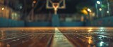 Fototapeta Sport - Ball on basketball court with spotlights , Basketball arena