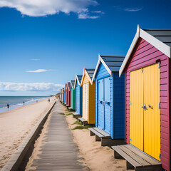 Canvas Print - A row of colorful beach huts against a blue sky. 
