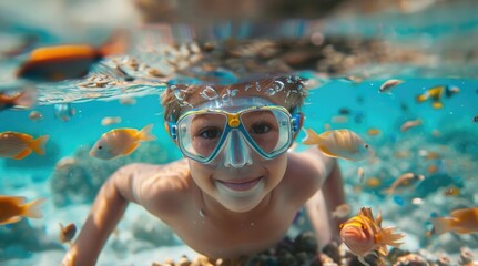 Little boy dives deep under water with blue mask, looks at underwater world. Beautiful young kid diver swim at ocean. Extreme sport activity concept. Sea depth snorkeling. Fun adventure outdoor.